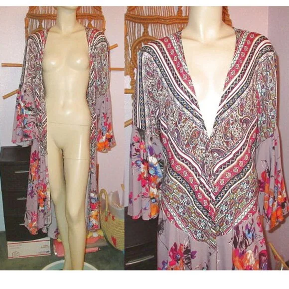 Umgee Hippie Boho Longline Kimono Duster Size M Pleated Bell Sleeves Artsy Layer - Picture 2 of 7